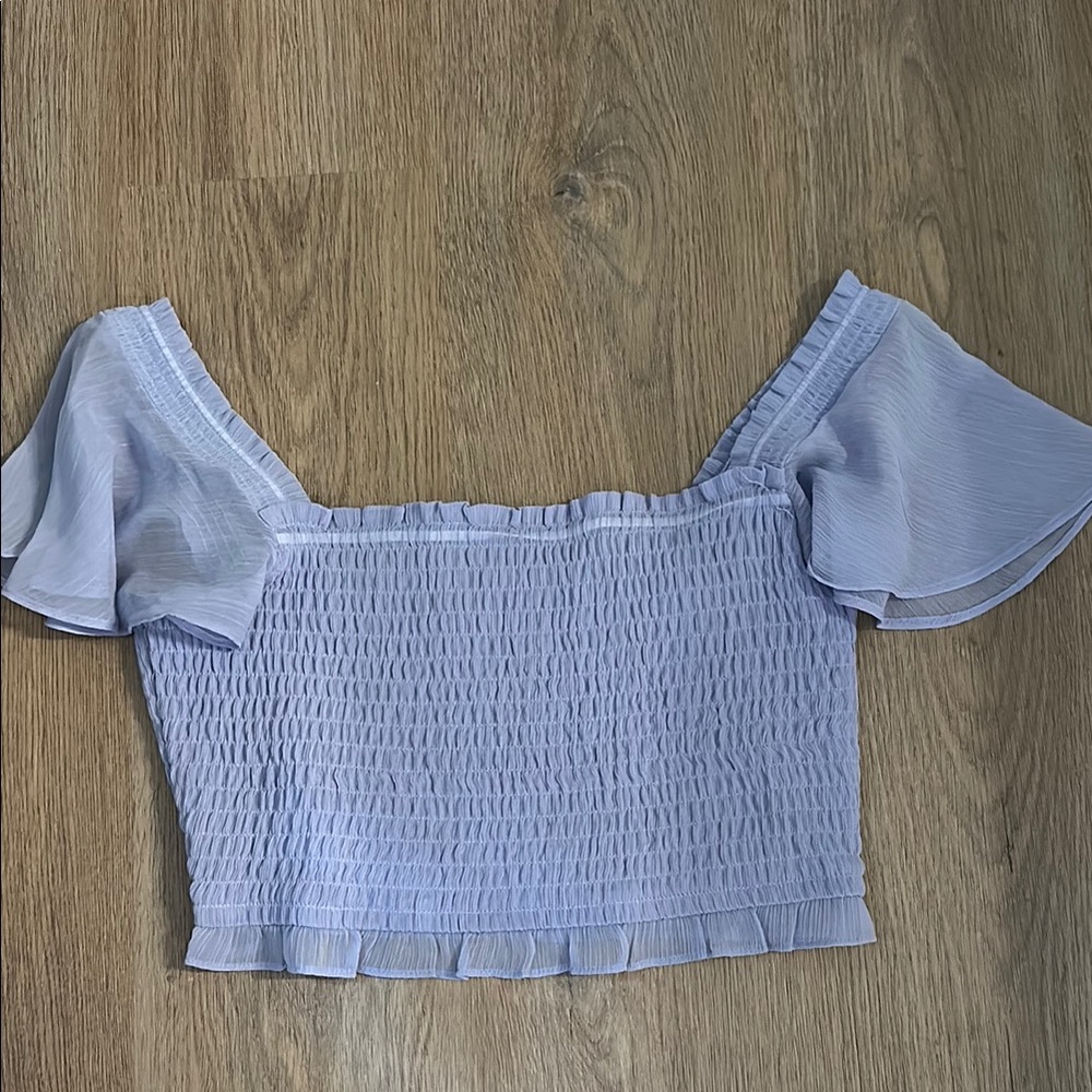 Bar III Blue Puff Sleeve Smocked Crop Top